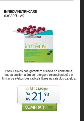 INNEOV NUTRI-CARE 60 C&Aacute;PSULAS - Possui ativos que garantem efic&aacute;cia no combate &agrave; queda capilar, al&eacute;m de refor&ccedil;ar a microcircula&ccedil;&atilde;o e limitar os efeitos dos radicais livres na raiz dos cabelos. de R$ 121,90 por: 5x 21,98 - Comprar
